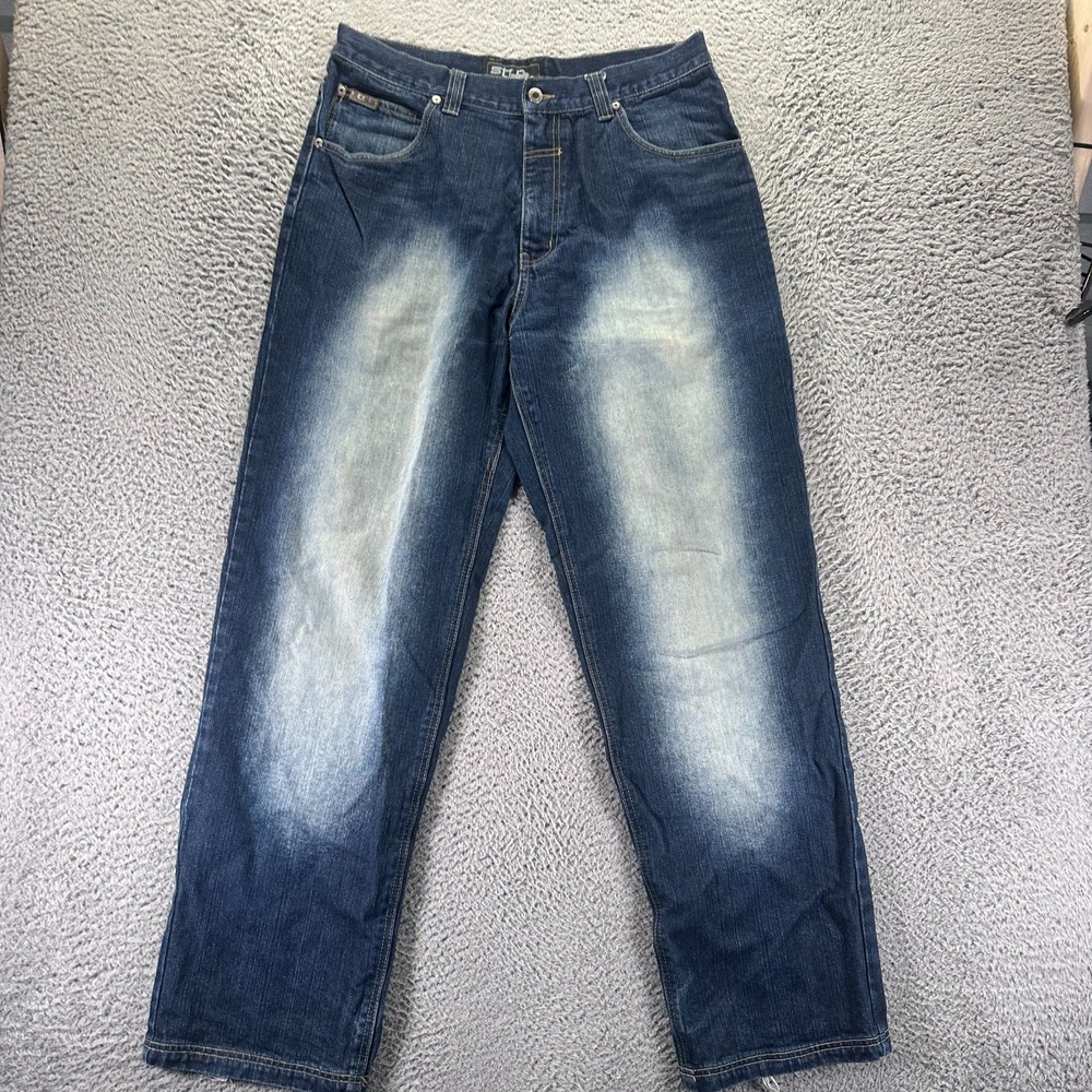Vintage Stub Jeans Mens 36x34 Blue Cotton Denim Straight Baggy Faded Workwear